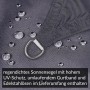 Detailaufnahme: Anthrazitfarbenes Sonnensegel, wasserabweisend, mit Edelstahl-Öse und Wassertropfen.