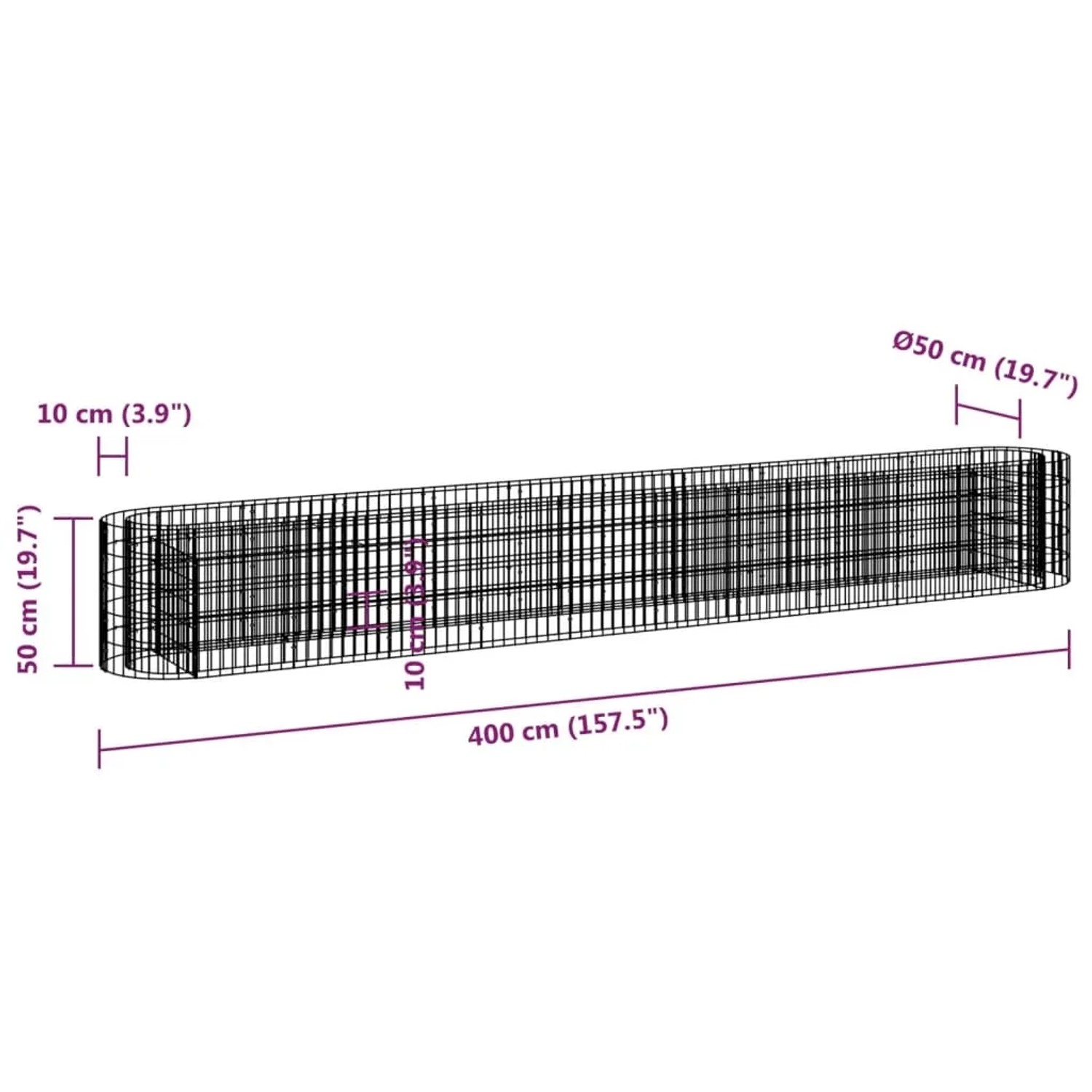 vidaXL Gabionen-Hochbeet aus verzinktem Eisen, 400x50x50 cm, zur Beetumrandung im Garten.