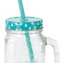 Trinkglas mit Henkel, blauem Deckel mit Punkten und Trinkhalm, 500 ml.