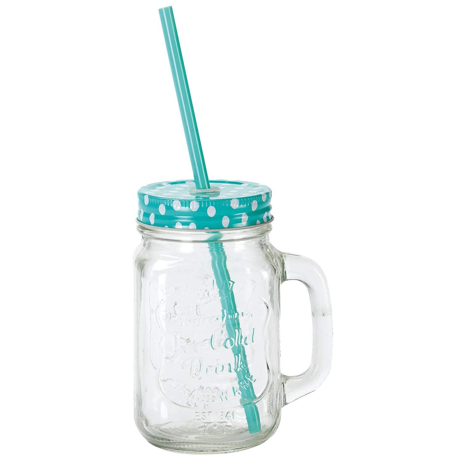 Trinkglas mit Henkel, blauem Deckel mit Punkten und Trinkhalm, 500 ml.