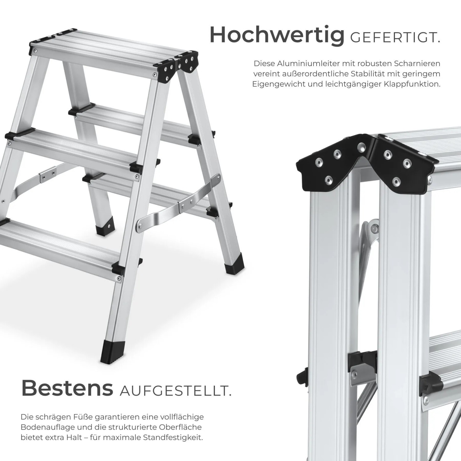 Silberne Tectake Aluminium Trittleiter, doppelseitig, 3 rutschfeste Stufen, klappbar. Für sicheren Stand.