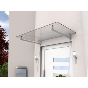 Modernes Glasvordach HD 160 mit Edelstahl-Halterung über einer Haustür.
