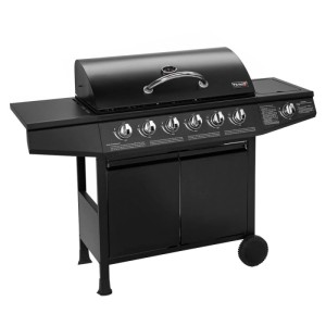 Schwarzer Taino Basic 6+1 Gasgrillwagen mit Seitenkocher, Edelstahlbrennern und Rollen für Garten & Terrasse.