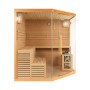 Traditionelle Sauna SKYLINE BIG aus Tannenholz mit Glasfront und Bänken.