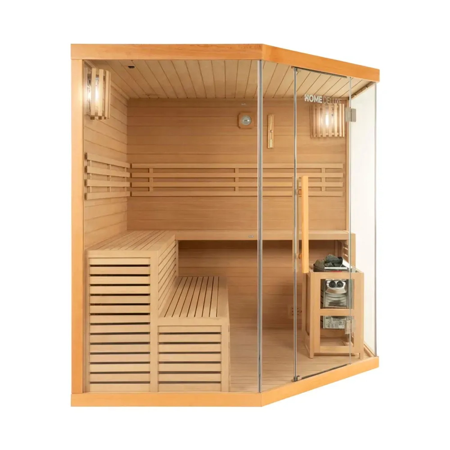 Traditionelle Sauna SKYLINE BIG aus Tannenholz mit Glasfront und Bänken.