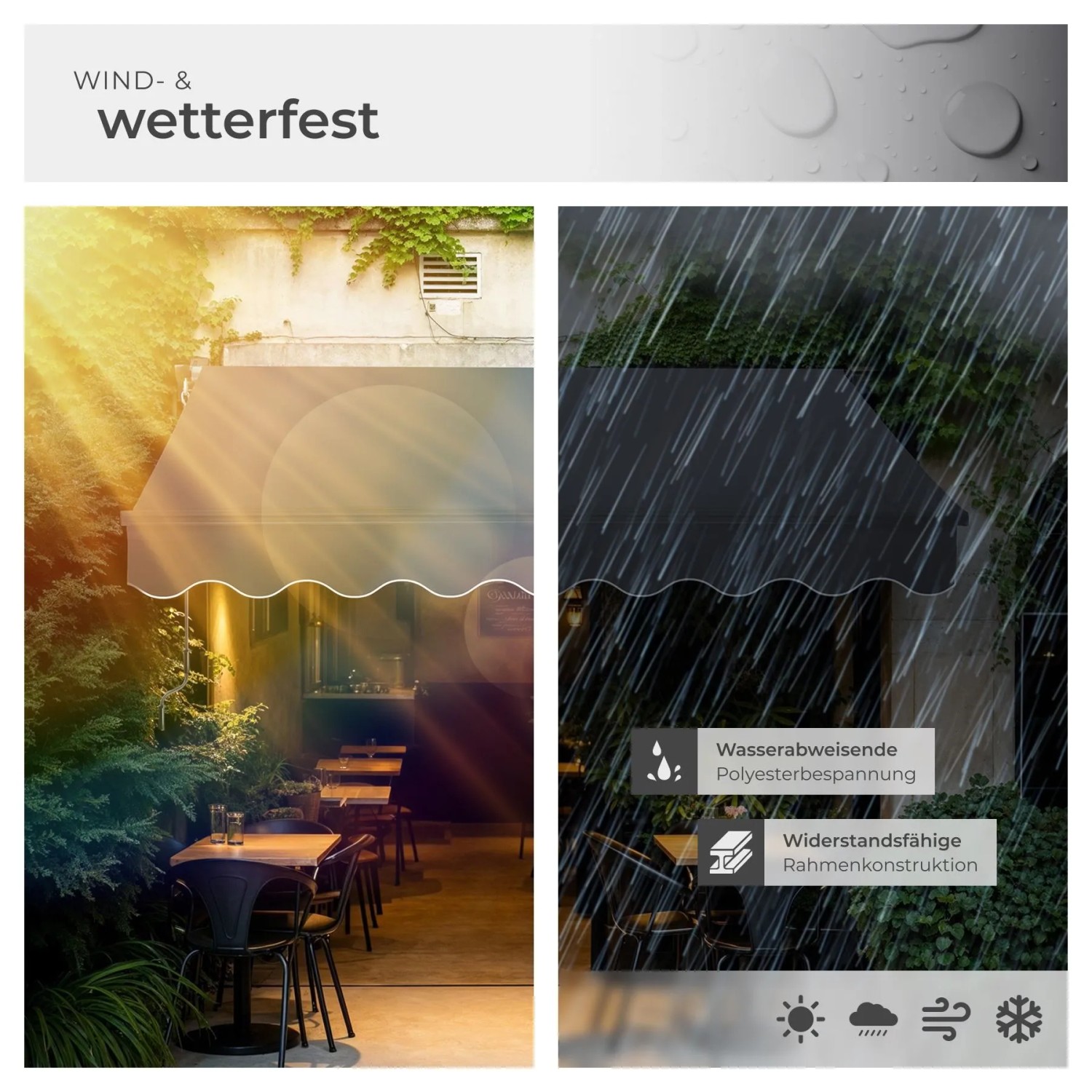 Dunkelgraue Tectake Gelenkarmmarkise Ornella schützt Terrasse vor Sonne und Regen. Robust, UV-beständig und wasserabweisend.