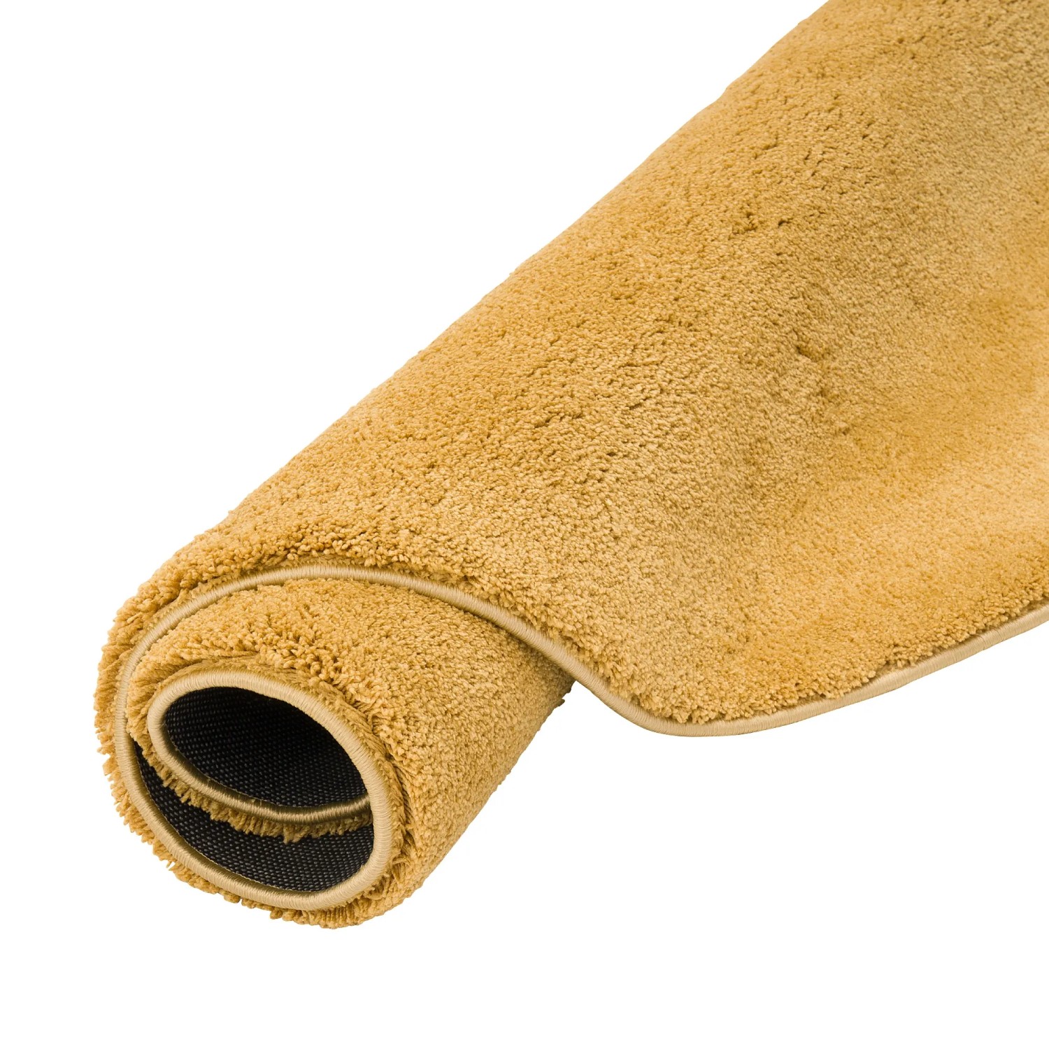 Gerollter, curryfarbener Pergamon Hochflor Teppich Silky, 200x200cm. Super Soft und luxuriös.