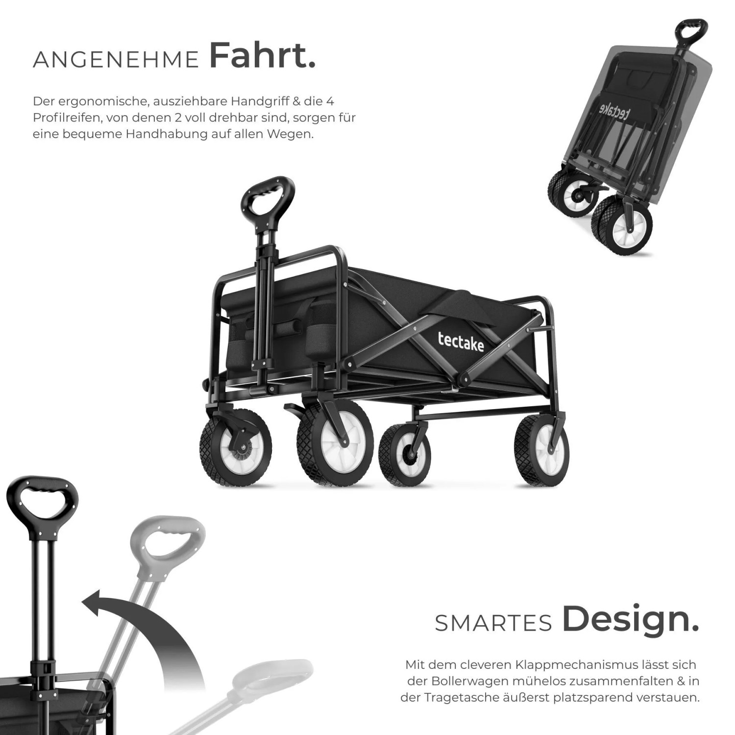 Tectake Bollerwagen Leon Faltbar Mit Bremsen und Gummierten Kunststoffrädern 91 x 53 50 x 101 cm Schwarz_3