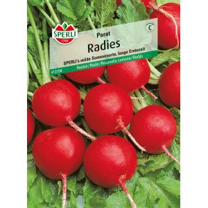 Samenpackung Sperli Radieschen Radies Parat, karminrote, runde Sommerradieschen vor grünem Blattwerk.