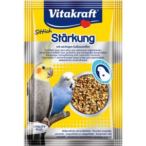 Vitakraft Sittich Stärkung, 30g Packung mit Sittichen und Körnerfutter.