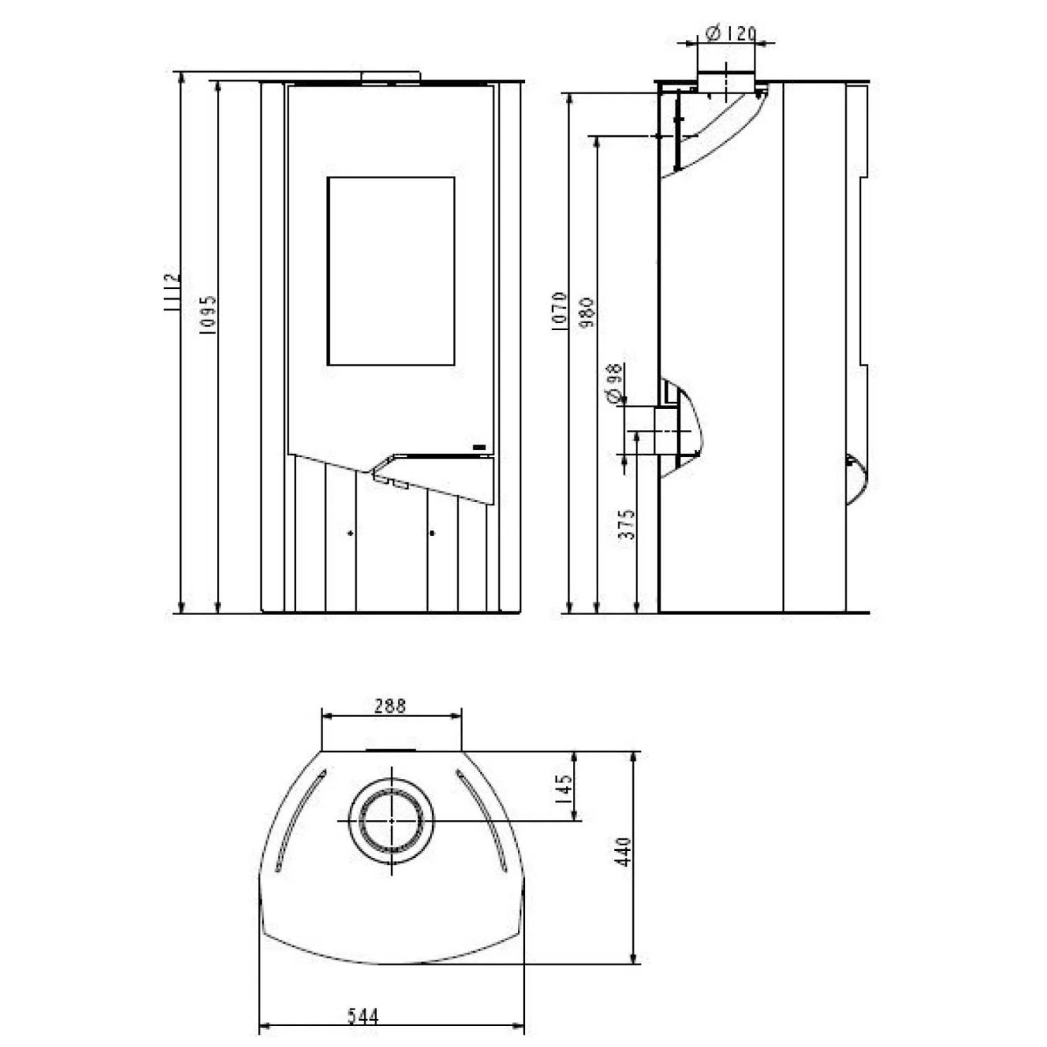 Technische Zeichnung Wamsler N-Line Kaminofen Naturstein Schwarz 5 kW mit Maßen.