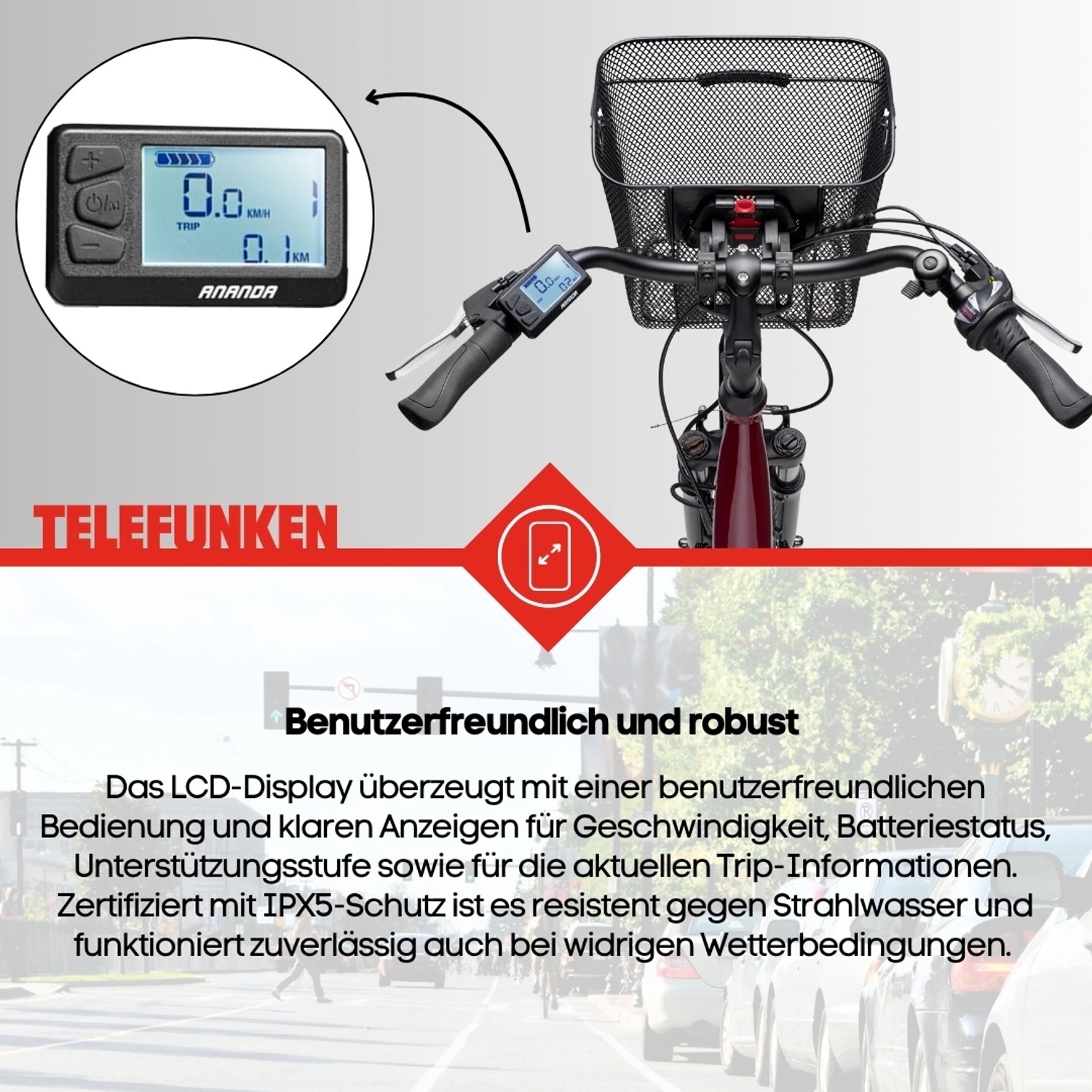 Telefunken City E-Bike: Detailaufnahme Lenker mit Display und Korb.