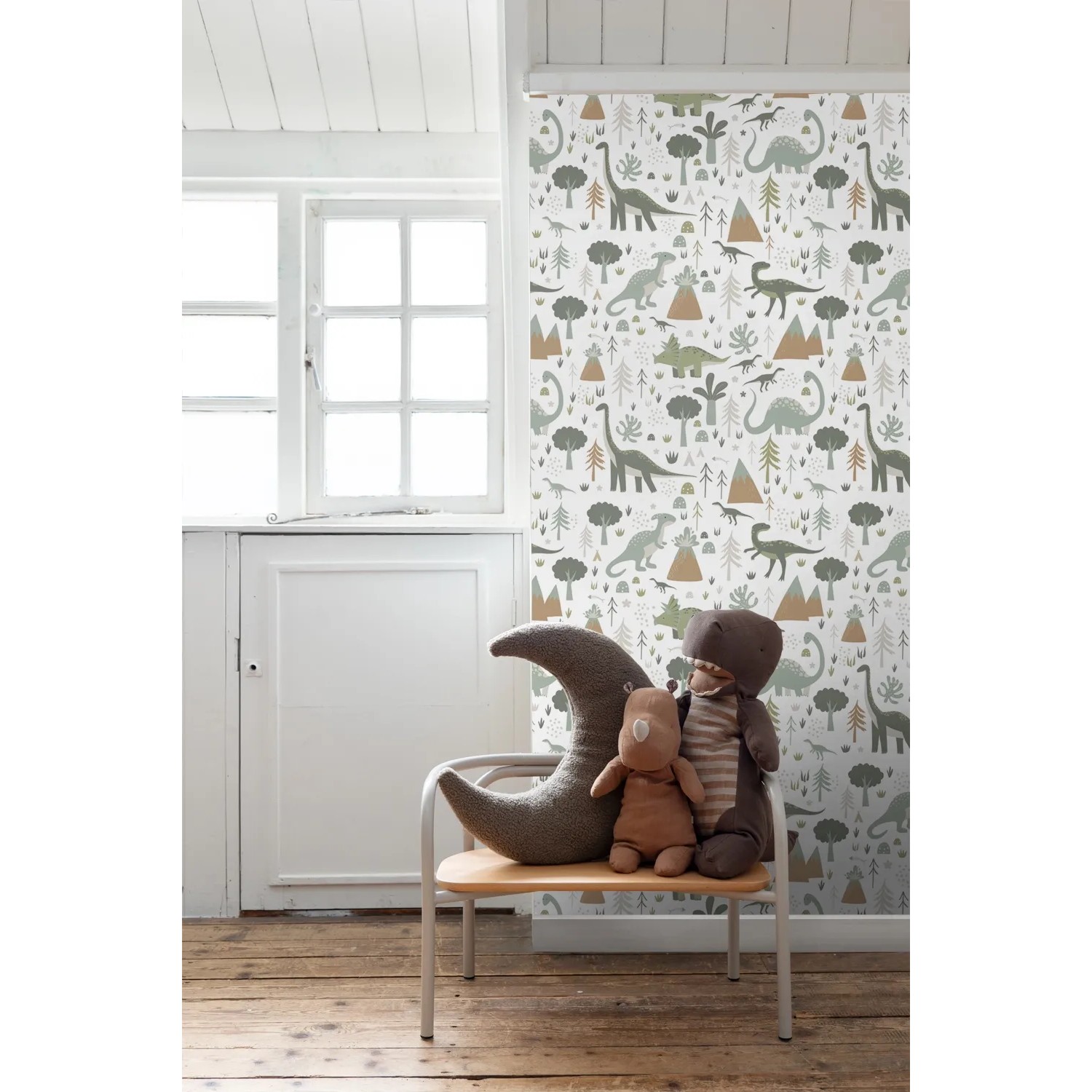 ESTAhome Vliestapete mit Dinosaurier-Muster in Vintage Blau, Grün, Braun für Kinderzimmer. Dekorative Tapete.