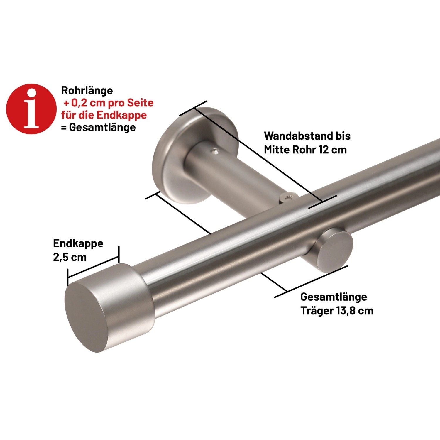 Deco-Raum Gardinenstange nach Maß 1-Lauf Kappe Ø 25mm Edelstahl-optik 210cm_2