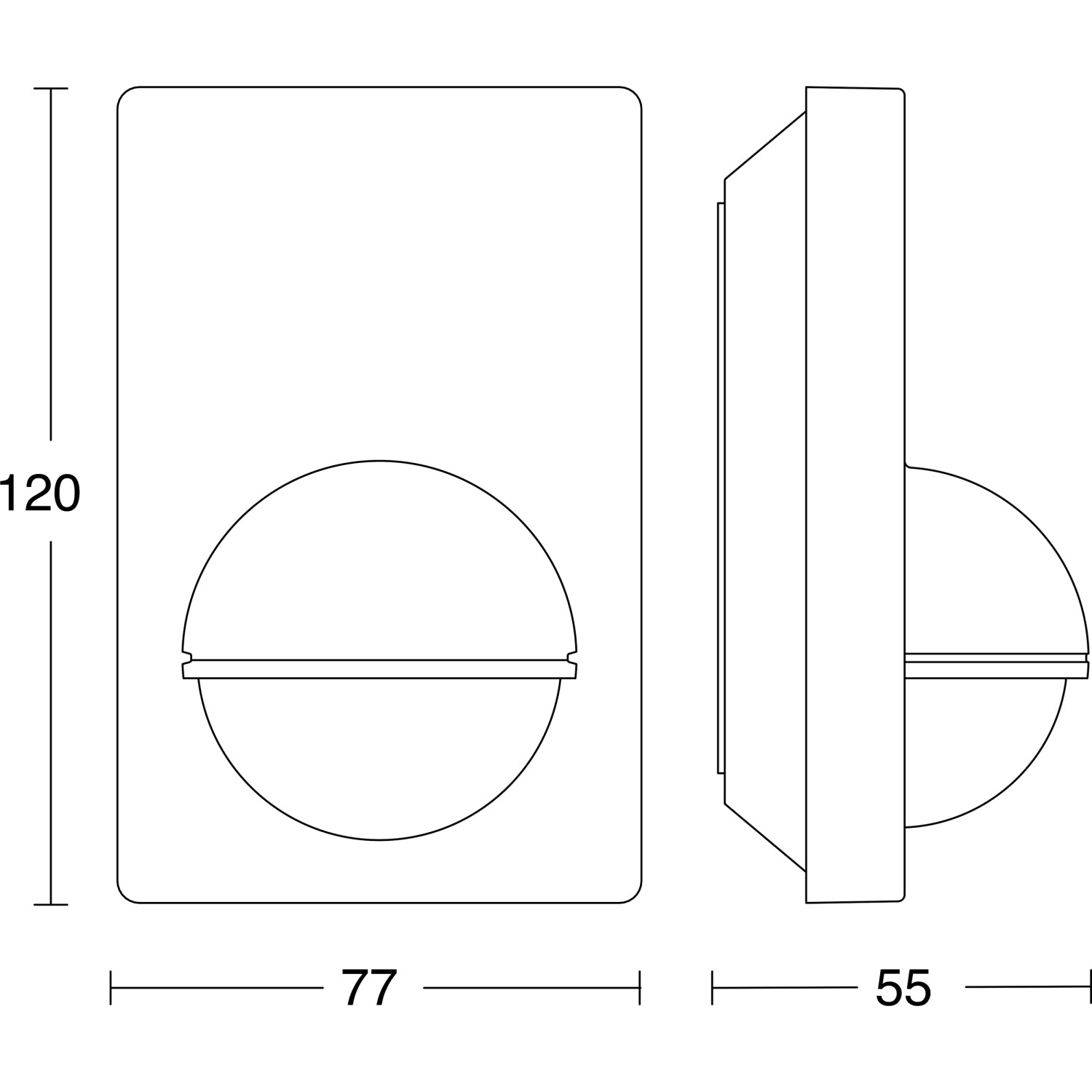 Skizze: Steinel Bewegungsmelder IS 180-2, 180° Erfassungswinkel, weiße Ausführung, Maße.