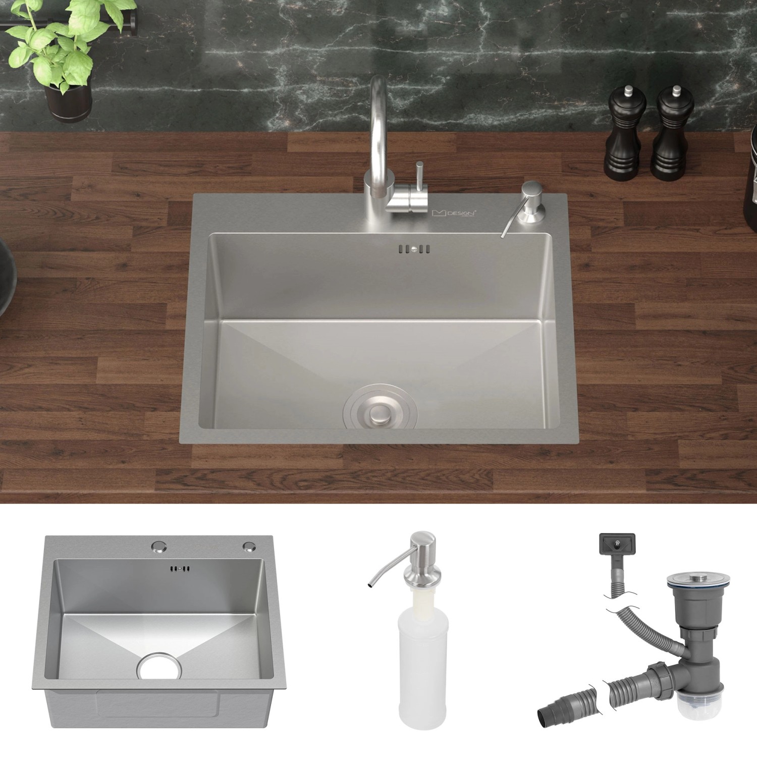 ML-Design Edelstahl Spülbecken 55x45 cm mit Siphon und Seifenspender für die Küche.