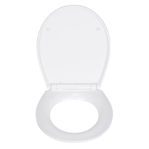 Weißer Wenko WC-Sitz Menin aus Duroplast mit geöffnetem Deckel, Aufsicht.