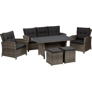 6-teiliges Lounge-Set Vermont mit Esstisch aus Polyrattan in Grau mit dunklen Auflagen.