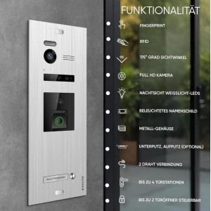 Balter EVO-HD Video-Türsprechanlage mit Fingerprint und App für Einfamilienhaus mit 1x 7 Zoll Monitor Silber-Schwarz