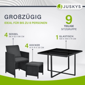 Juskys Polyrattan Essgruppe Baracoa L, 9-teilig, schwarz: Tisch, Stühle und Hocker mit Kissen.