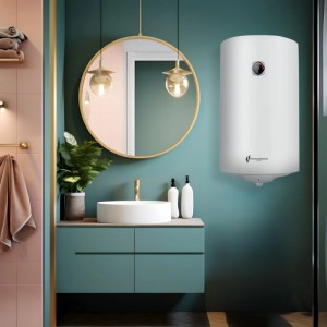 Sannover Warmwasserbereiter Bypso 100L im Badezimmer, vertikal, weiß.