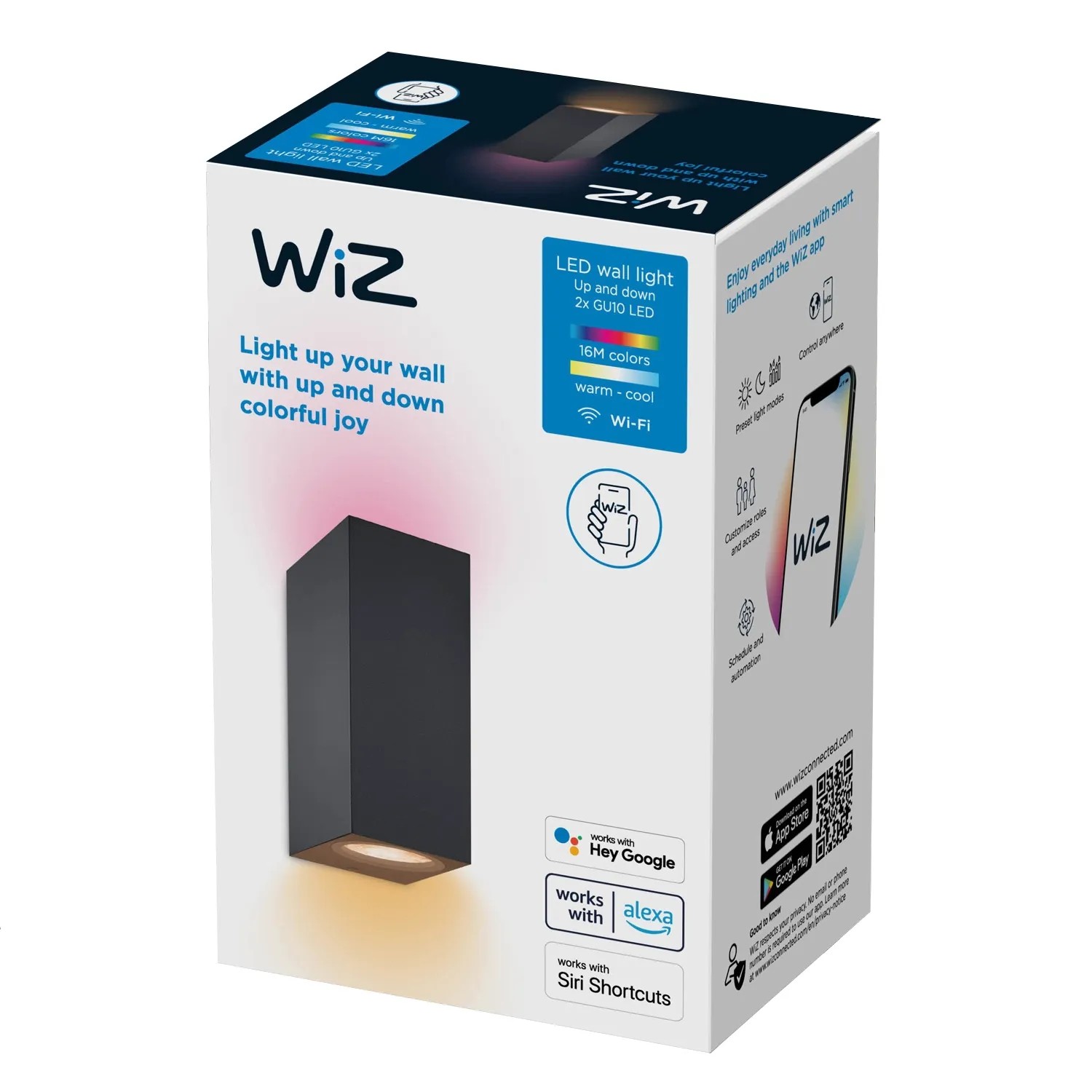 Verpackung der schwarzen WiZ LED-Wandleuchte Up&Down mit Farblicht und 690 Lumen.