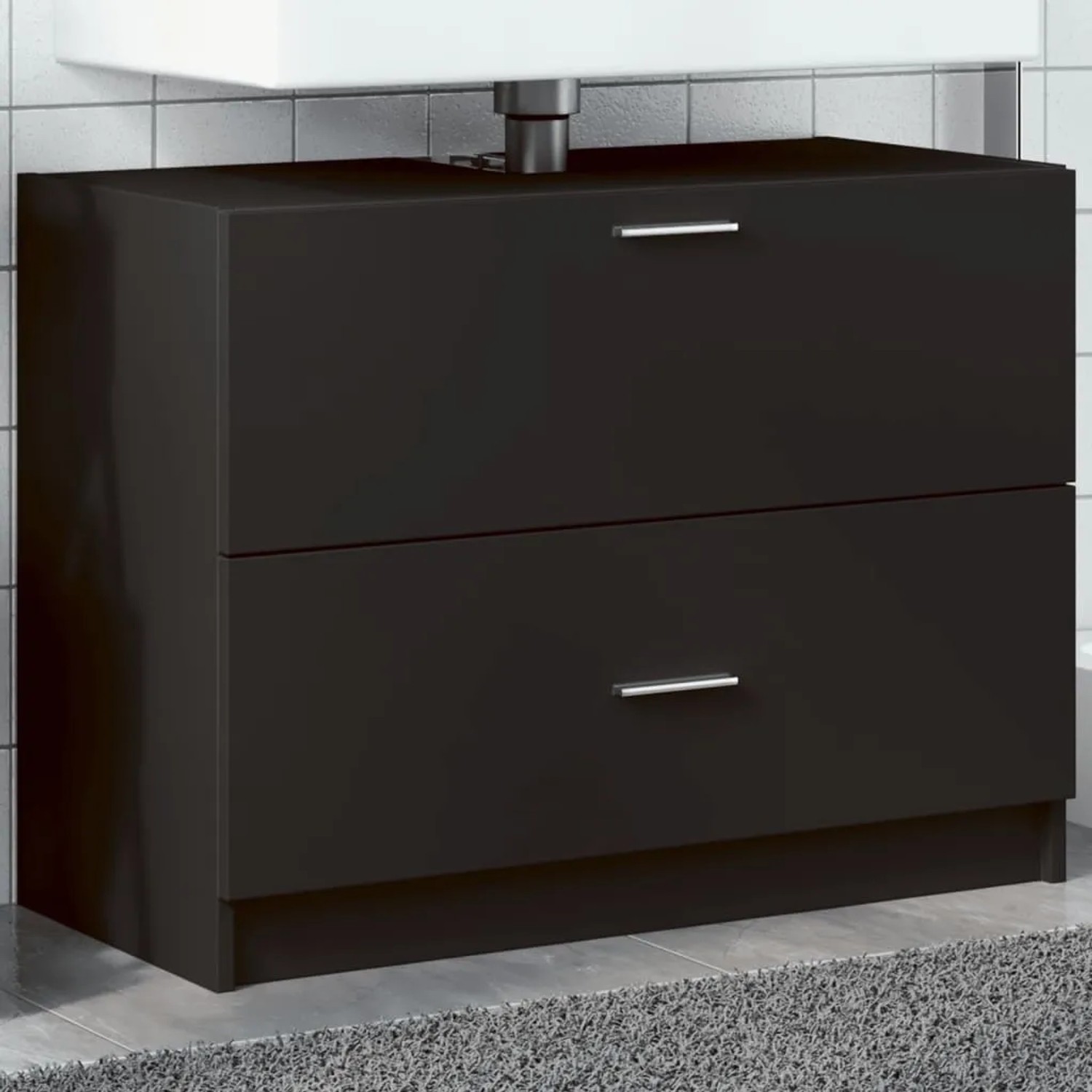 Schwarzer vidaXL Waschbeckenunterschrank (78x37x59 cm) aus Holzwerkstoff mit zwei Schubladen.