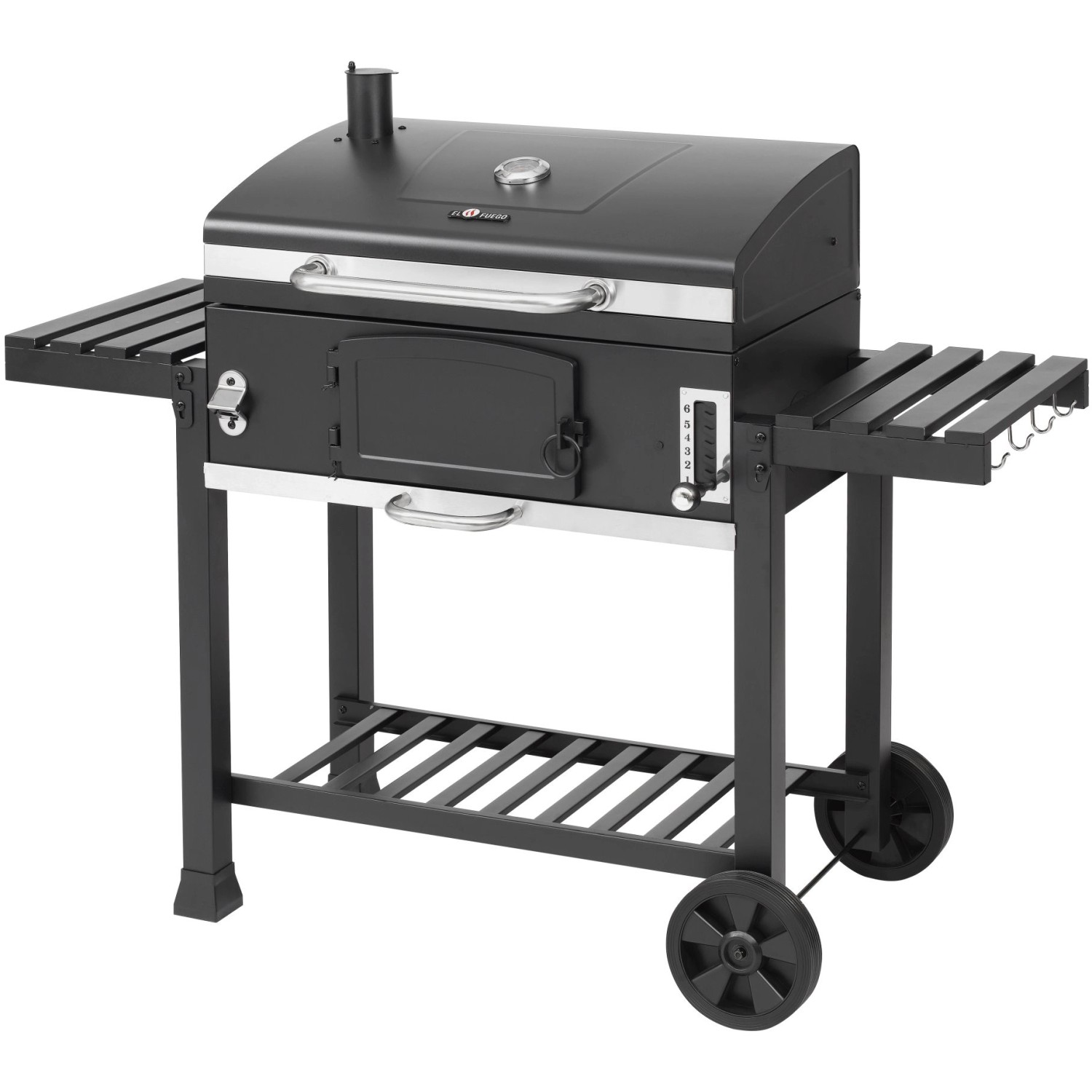 Schwarzer El Fuego Holzkohlegrill Smoker Ontario XXL mit Ablagen und Thermometer.