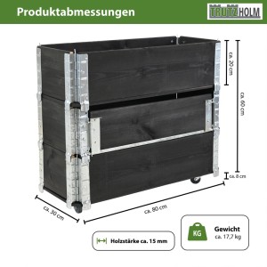 Schwarzes TRUTZHOLM Hochbeet auf Rollen, 80x30x68 cm, für Garten und Balkon.