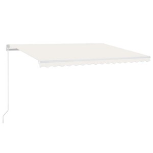 Cremefarbene manuelle Markise 450x350 cm mit weißem Aluminiumrahmen und Handkurbel, ausgefahren.
