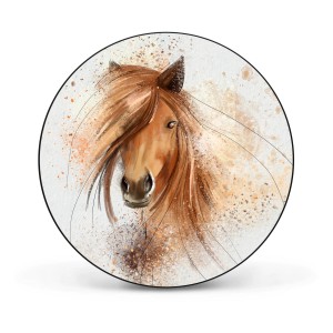 Runde, schwarze Magnettafel mit Pferde-Motiv (Magic Horse) für Wanddekoration.