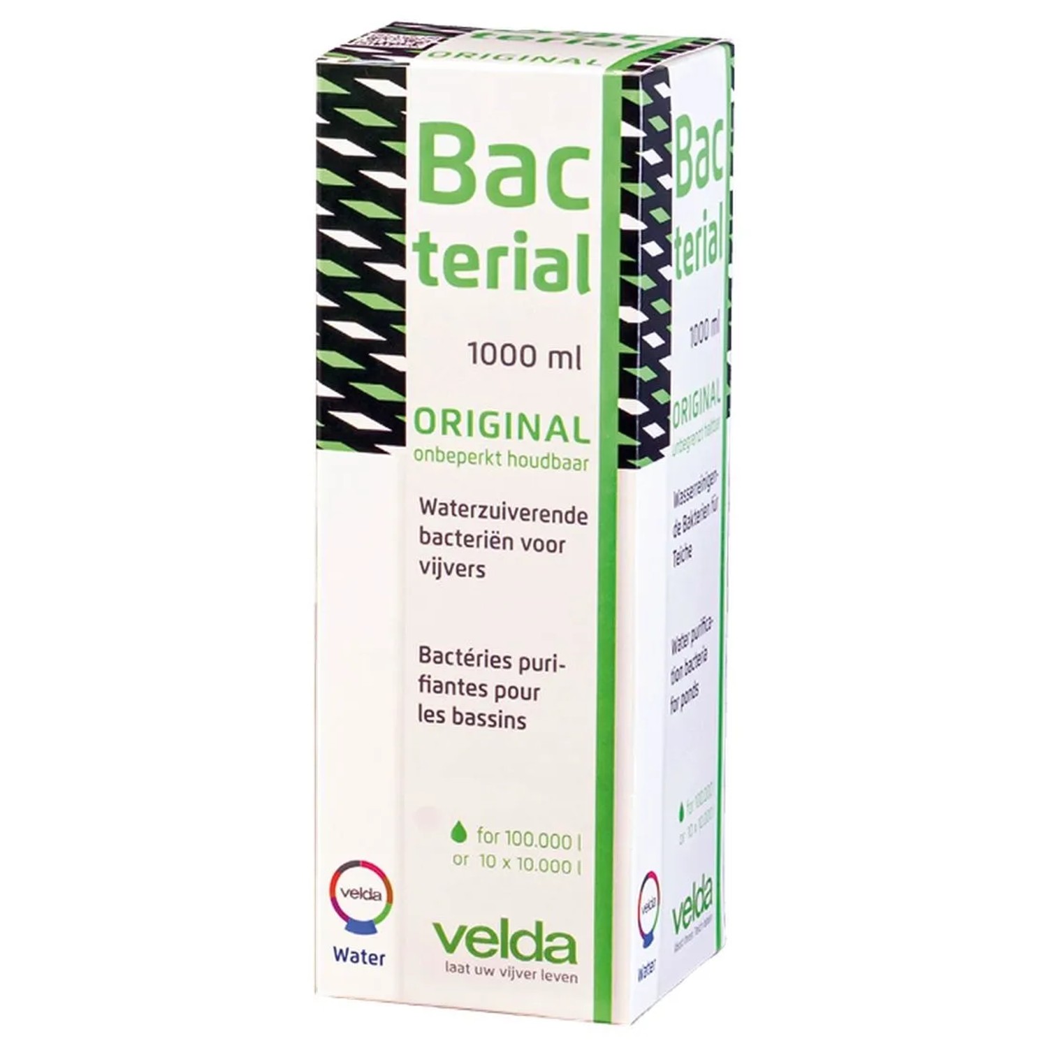 Weiße Velda Bacterial 1000 ml Box mit grünen Akzenten. Effektive Mikroorganismen zur Teichpflege & Wasserreinigung.
