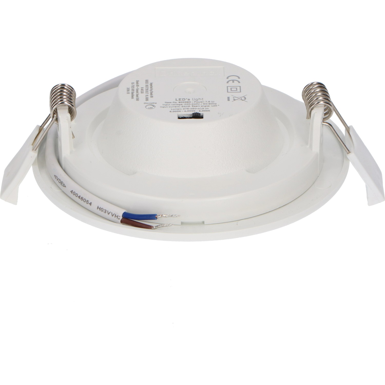 Rückansicht des dimmbaren LED-Einbaustrahlers, 6W, mit CCT-Schalter und Befestigungsfedern.