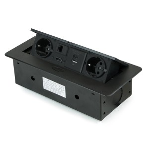 Schwarzer Emuca Atom Multistecker mit 2 EU-Steckdosen, USB-A, USB-C, RJ45, HDMI für Möbel-Einbau.