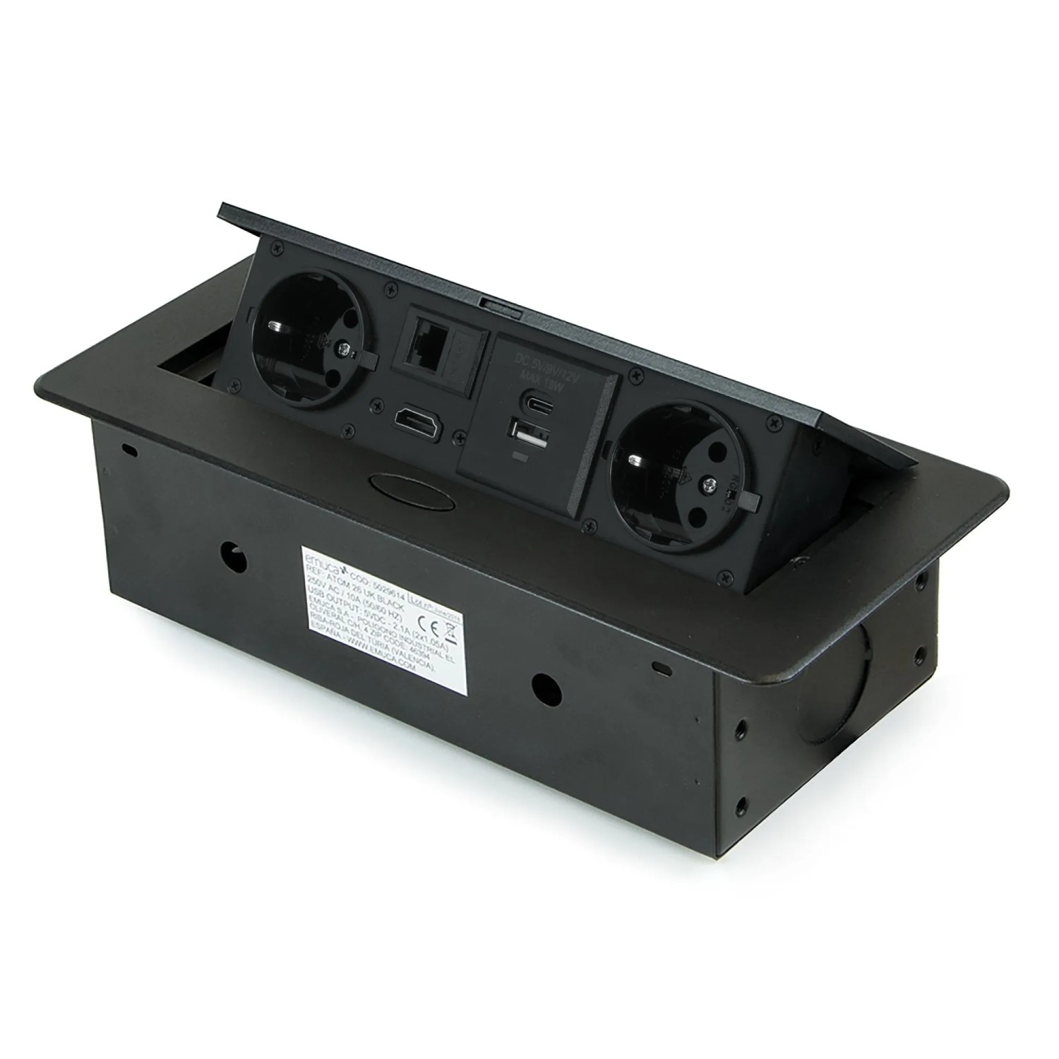 Emuca Multistecker Atom 26 225x111mm 2 Schuko Stecker 1 USB Typ A 1 USB Typ C 1 RJ45 1 HDMI Zamak Stahl Kunststoff Schwarz