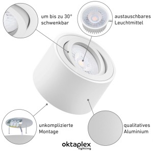 9er Set Oktaplex Lile S LED Aufbaustrahler, schwenkbar, neutralweiß (4000K), aus Aluminium, weiß.