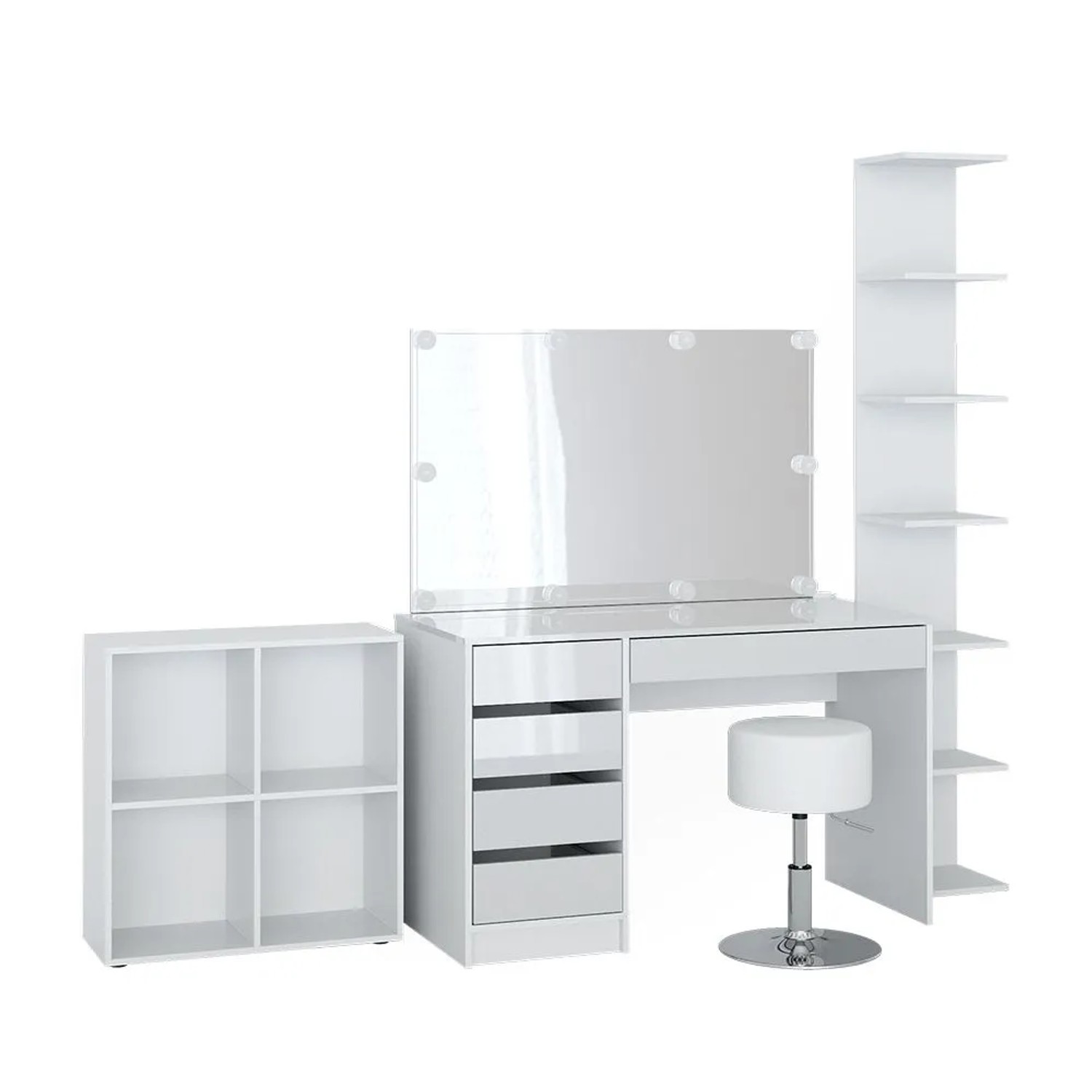 Vicco Schminktisch Sherry Weiß 120 x 145 mit Spiegel, LED-Lichterkette, Hocker, Standregal und Wandregal