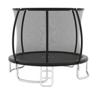 Schwarzes Costway Gartentrampolin Ø366 cm mit Sicherheitsnetz und Leiter.