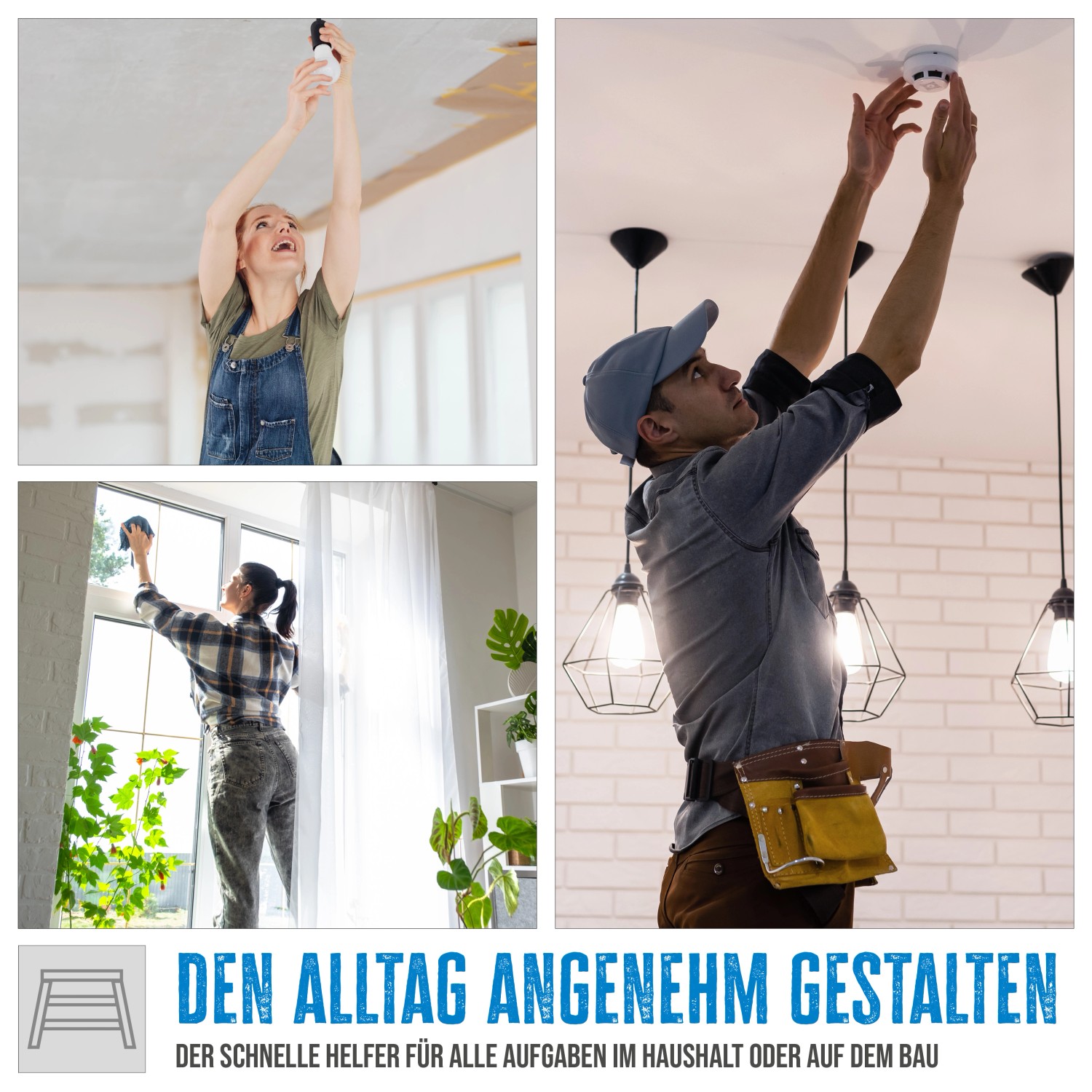 Collage: Personen nutzen Aluminium Trittleiter für Arbeiten im Haus und beim Renovieren.