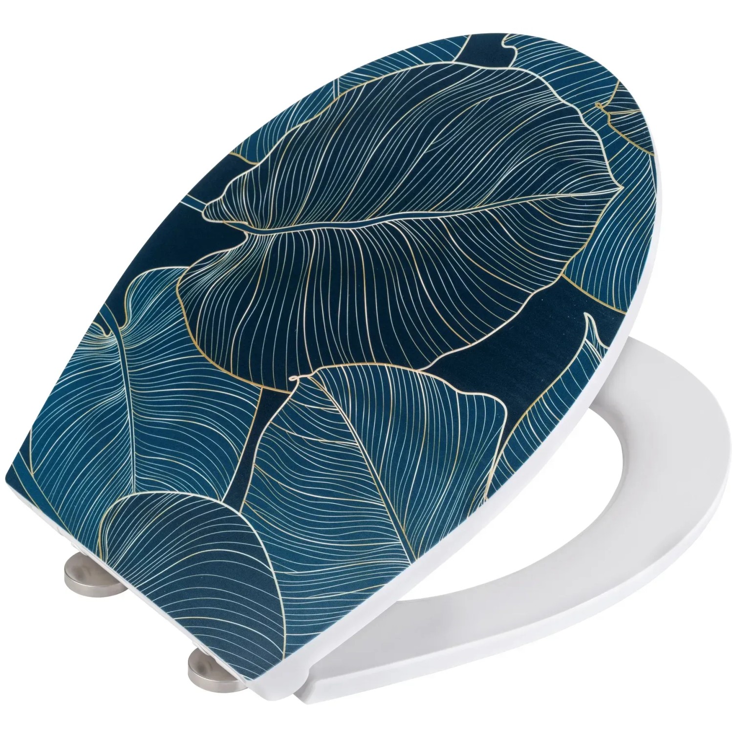 Wenko WC-Sitz Big Leaves: Duroplast, Absenkautomatik, dunkelgrünes Blätterdesign mit goldenen Akzenten.