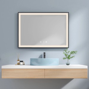 Emke Badspiegel 100x70cm mit LED-Beleuchtung, schwarzem Rahmen, Touch, Antibeschlag, Uhr und Temperaturanzeige.