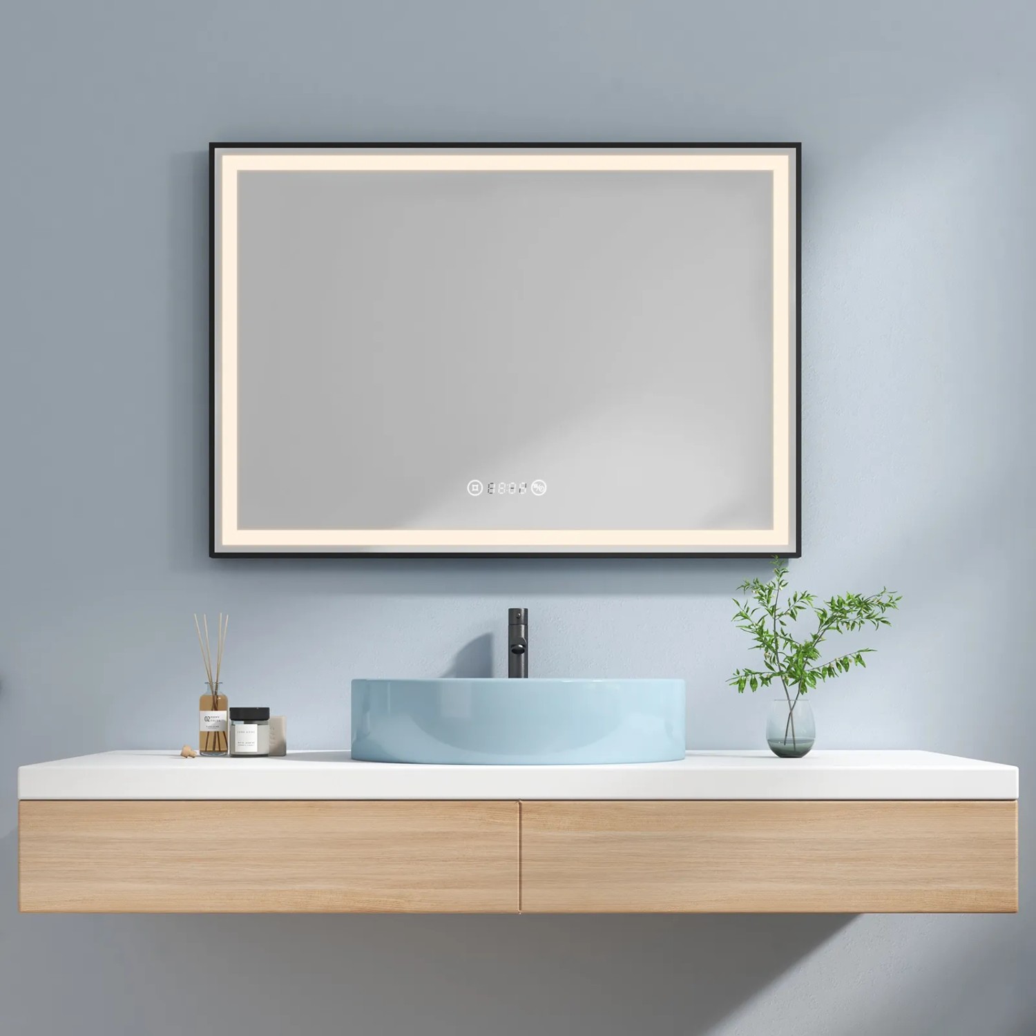 Emke Badspiegel 100x70cm mit LED-Beleuchtung, schwarzem Rahmen, Touch, Antibeschlag, Uhr und Temperaturanzeige.