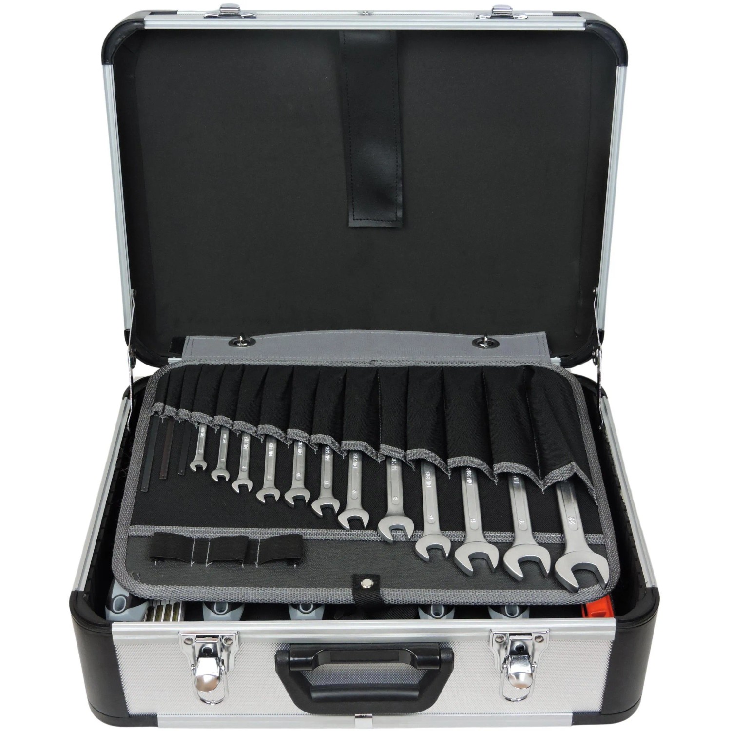 Offener Famex Alu Werkzeugkoffer mit Steckschlüsselsatz, 66-teilig. Werkzeugkoffer für Heimwerker.