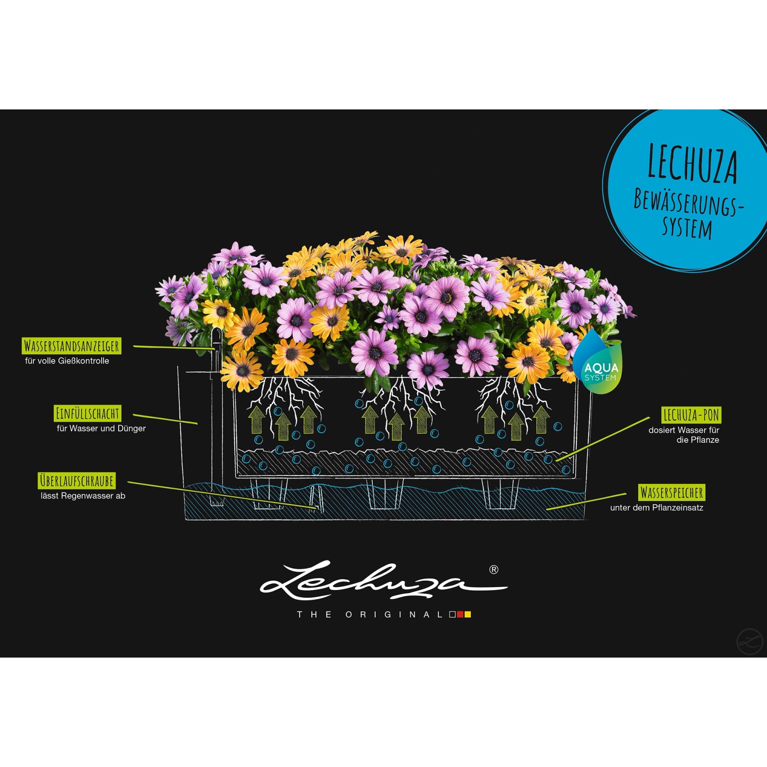 Grafik: Lechuza Balconera Stone 50 Bewässerungssystem, Funktionsweise mit Pflanzen und Wasserstandsanzeige.
