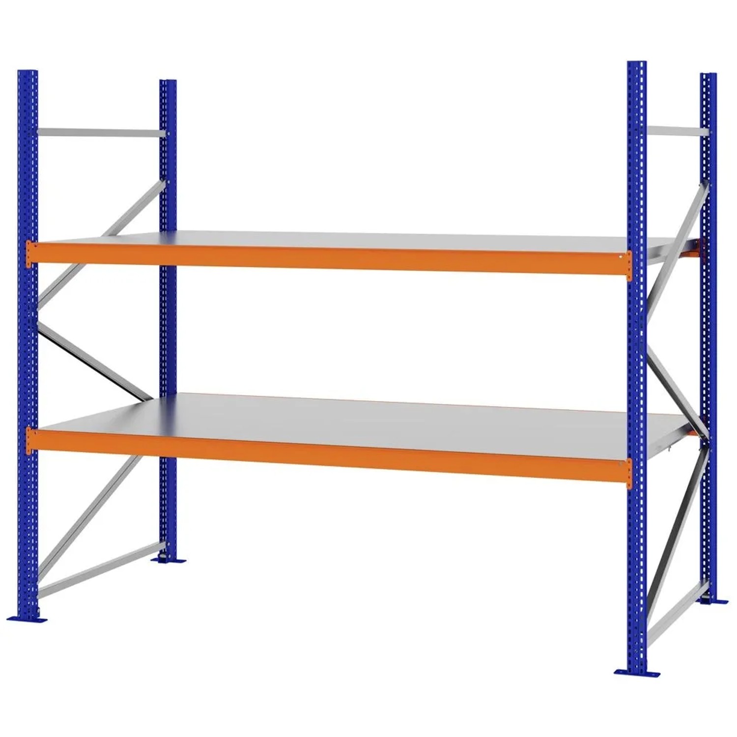 PROREGAL Weitspannregal Schraub-Stecksystem MAGNUS PRO Made In Germany Grundregal 200x225x100cm 2 Ebenen Stahlböden Fachlast 520kg Blau/Orange