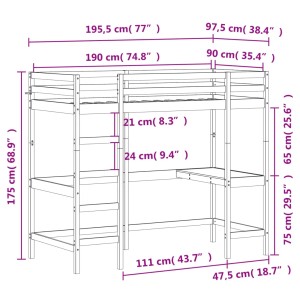 vidaXL Hochbett mit Schreibtisch Weiß 90x190 cm Massivholz Kiefer 842859