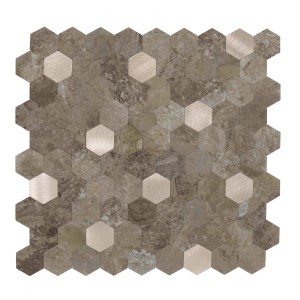Selbstklebende Dalsys Mosaikfliesen in Hexagon Form, braun und goldfarben.