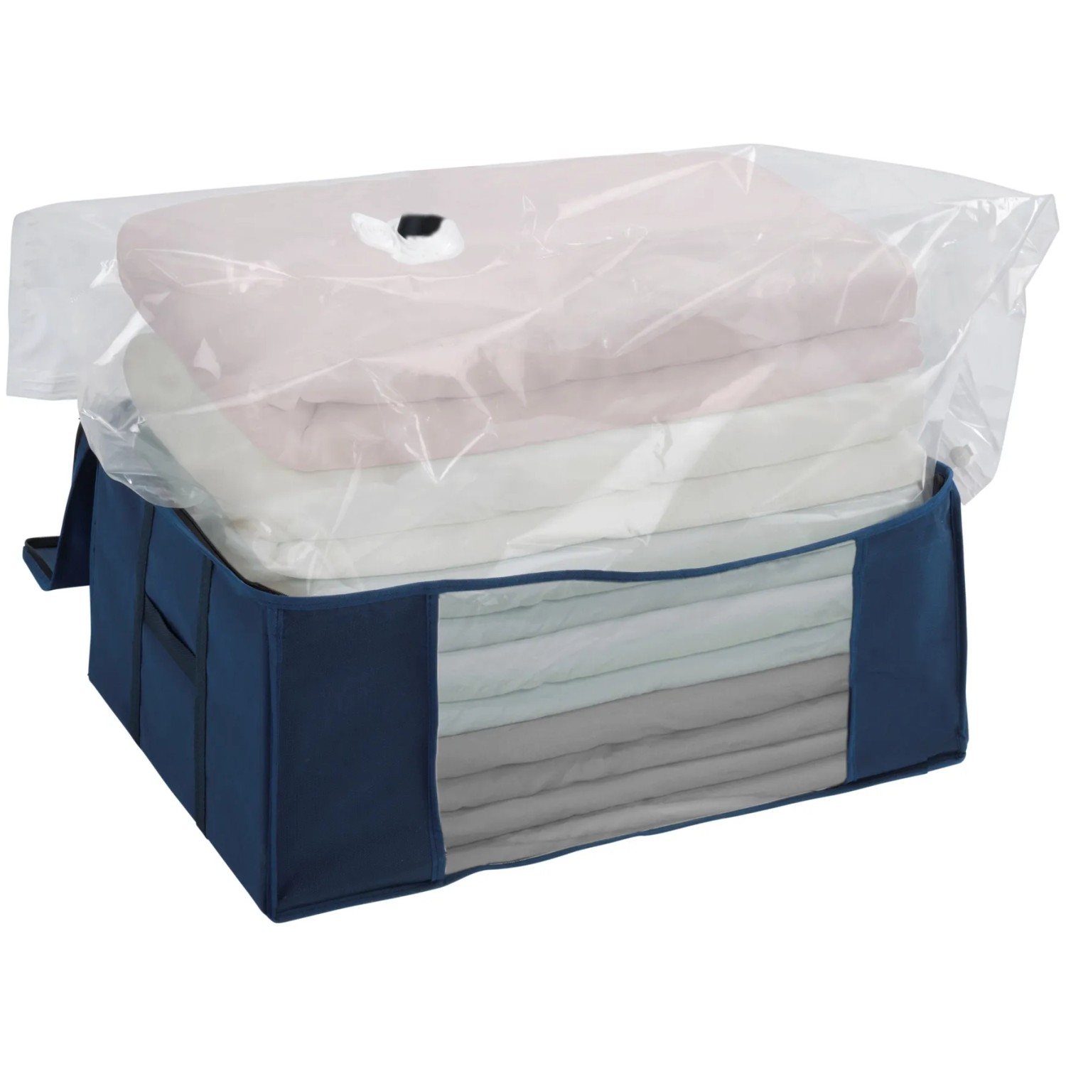 Wenko Vakuum Soft Box Air L Blau mit Textilien und Vakuumbeutel für platzsparende Aufbewahrung.