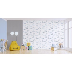 Kinderzimmer mit blauer Vliestapete mit Tiermotiven. Dekorative Tapete mit Bäumen und Tieren in Grau und Blau.