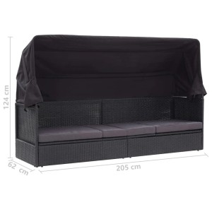 Schwarzes Outdoor-Sofabett mit Dach aus Polyrattan von vidaXL. Sonnenliege mit grauen Kissen und den Maßen 205x62x124 cm.